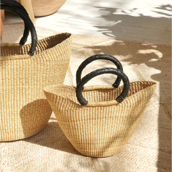 Anthropologie Handbags - Handwoven Basket Tote Mini with Black Leather Handles